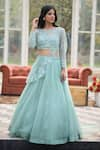 Shop_House of Tushaom_Green Organza Embroidery Sequin Round Blouse Lehenga Set _Online_at_Aza_Fashions