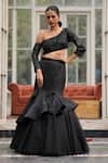 Buy_House of Tushaom_Black Mushroom Satin Embroidery Sequin Asymmetric Mermaid Skirt And Blouse Set _at_Aza_Fashions