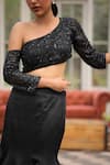 House of Tushaom_Black Mushroom Satin Embroidery Sequin Asymmetric Mermaid Skirt And Blouse Set _at_Aza_Fashions