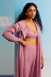 Shop_Harshita Jain_Purple Satin, Organza, Cotton, Silk Sequins, Embroidery Collared Jacket Pant Set _at_Aza_Fashions