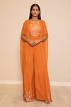 Shop_Harshita Jain_Orange Silk, Chiffon Sequins, Cut Work Embroidered Asymmetric Cape Pant Set _at_Aza_Fashions