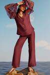 Shop_Harshita Jain_Maroon Cotton, Silk, Organza Embroidery V-neck Sleeve Shirt And Pant Set _at_Aza_Fashions