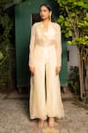 Shop_Harshita Jain_Ivory Organza, Cotton, Silk Sequins, Embroidery Shawl Collar Jacket Pant Set _at_Aza_Fashions