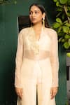 Harshita Jain_Ivory Organza, Cotton, Silk Sequins, Embroidery Shawl Collar Jacket Pant Set _Online_at_Aza_Fashions