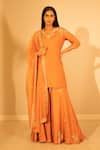 Buy_Harshita Jain_Orange Silk Organza Embroidered Mirror Scallop Short Kurta Sharara Set  _at_Aza_Fashions