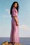 Shop_Harshita Jain_Purple Muslin, Silk, Satin, Organza V-neck Layered Sleeve Jumpsuit _at_Aza_Fashions
