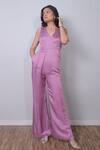 Buy_Harshita Jain_Purple Linen, Satin Embroidery V-neck Sleeve Jumpsuit _at_Aza_Fashions