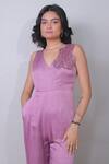 Harshita Jain_Purple Linen, Satin Embroidery V-neck Sleeve Jumpsuit _Online_at_Aza_Fashions