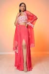 Buy_Harshita Jain_Pink Satin, Chiffon, Organza Sequins, Cut Embroidered Blouse Slit Lehenga Set _at_Aza_Fashions