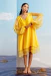 Buy_Harshita Jain_Yellow Muslin Silk Embroidered Floral V Neck Organza Puff Sleeve Dress _at_Aza_Fashions