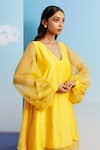 Shop_Harshita Jain_Yellow Muslin Silk Embroidered Floral V Neck Organza Puff Sleeve Dress _at_Aza_Fashions