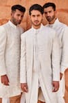 Sarab Khanijou_Ivory Silk Embroidered Pearl Mirror And Thread Sherwani Set For Men_Online_at_Aza_Fashions