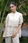 Leela By A_Beige Tencil Lux Printed Lotus Mandarin Collar Shirt With Pant _Online_at_Aza_Fashions