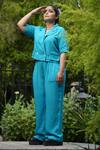 Leela By A_Blue Tencel Collared Solid Shacket With Pant _Online_at_Aza_Fashions