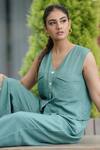 Leela By A_Green Tencel V-neck Sleeveless Solid Top With Pant _at_Aza_Fashions