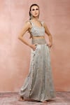 Shop_Payal Singhal_Blue Satin Embroidery Mirror Leaf Neck Choli And Palazzo Set  _at_Aza_Fashions