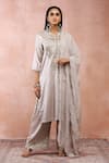 Buy_Payal Singhal_Grey Satin Embroidery Zari Thread Notched Bagh Floral Kurta Set _at_Aza_Fashions