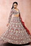 Shop_Payal Singhal_Red Dupion Silk Embroidered Resham Deep V Neck Bridal Lehenga Set _Online