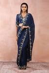 Buy_Payal Singhal_Blue Satin Embroidered Resham V Neck Pre-draped Saree And Blouse Set _at_Aza_Fashions