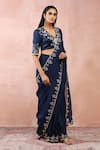 Buy_Payal Singhal_Blue Satin Embroidered Resham V Neck Pre-draped Saree And Blouse Set _Online_at_Aza_Fashions