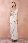 Buy_Payal Singhal_Off White Velvet Printed And Embroidered Applique Pre-draped Saree & Blouse Set_Online_at_Aza_Fashions