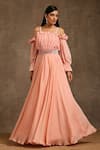 MINAKI_Peach Pure Satin Embroidered Sequin Square Neck Floral Pleated Bodice Gown _Online_at_Aza_Fashions