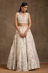 MINAKI_Off White Pure Chanderi Embroidered Pearl V Neck Embellished Lehenga Set _Online_at_Aza_Fashions