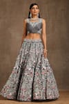 MINAKI_Grey Chanderi Embroidered Sequin V Neck Floral Panelled Lehenga Set _Online_at_Aza_Fashions