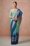 Buy_Dressfolk_Green Linen Woven Stripe Summer Sea Handloom Saree  _at_Aza_Fashions