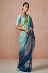 Dressfolk_Green Linen Woven Stripe Summer Sea Handloom Saree  _Online_at_Aza_Fashions