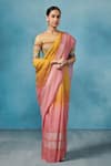 Buy_Dressfolk_Yellow Linen Woven Stripe Tangerine Twist Handloom Saree  _at_Aza_Fashions