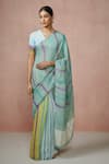 Buy_Dressfolk_Green Linen Woven Stripe Vanaam Handloom Saree  _at_Aza_Fashions