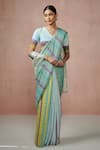 Shop_Dressfolk_Green Linen Woven Stripe Vanaam Handloom Saree  _at_Aza_Fashions