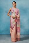 Buy_Dressfolk_Multi Color Linen Woven Stripe Mirage Handloom Stone Tasselled Saree _at_Aza_Fashions