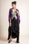 Buy_Nupur Kanoi_Black Satin Hand Embroidered Beads Scallop Neck Cape Skirt Set _at_Aza_Fashions