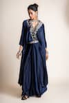 Buy_Nupur Kanoi_Blue Satin Embroidered Mirrorwork V Neck Embellished Draped Dress _Online_at_Aza_Fashions