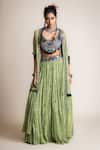 Buy_Nupur Kanoi_Green Georgette Printed Floral Kaftan Jacket Jaali Cape Lehenga Set _at_Aza_Fashions