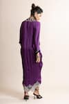Shop_Nupur Kanoi_Purple Satin Embroidered Mirrorwork V Neck Placed Embellished Dress _at_Aza_Fashions