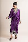 Shop_Nupur Kanoi_Purple Satin Embroidered Mirrorwork V Neck Placed Embellished Dress _Online_at_Aza_Fashions
