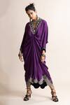 Nupur Kanoi_Purple Satin Embroidered Mirrorwork V Neck Placed Embellished Dress _at_Aza_Fashions