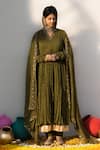 Mithi Supari_Green Mul Chanderi Hand Embroidered Zardosi V Neck Nargis Anarkali Pant Set _Online_at_Aza_Fashions