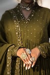 Mithi Supari_Green Mul Chanderi Hand Embroidered Zardosi V Neck Nargis Anarkali Pant Set _at_Aza_Fashions