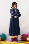 Buy_MITHI SUPARI_Blue Mul Chanderi Hand Embroidered Meena Zardosi V Neck Kumudini Kurta _Online_at_Aza_Fashions