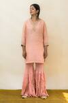 Buy_Mithi Supari_Peach Tissue, Organza, Cotton Embroidery Sevanti Short Kurta Sharara Set _Online_at_Aza_Fashions