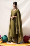 Buy_Mithi Supari_Green Chanderi, Cotton Sequins, Embroidery V-neck Savani Kurta Pant Set _at_Aza_Fashions
