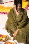 Shop_Mithi Supari_Green Chanderi, Cotton Sequins, Embroidery V-neck Savani Kurta Pant Set _Online_at_Aza_Fashions