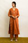 Buy Mithi Supari Orange Tissue, Silk Embroidery, Sequins, Mirrors V-neck Kesar Kurta Pant Set Online at Aza Fashions Buy_Mithi Supari_Orange Tissue, Silk Embroidery, Sequins, Mirrors V-neck Kesar Kurta Pant Set _Online_at_Aza_Fashions