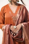 Shop Mithi Supari Orange Tissue, Silk Embroidery, Sequins, Mirrors V-neck Kesar Kurta Pant Set Online at Aza Fashions Shop_Mithi Supari_Orange Tissue, Silk Embroidery, Sequins, Mirrors V-neck Kesar Kurta Pant Set _Online_at_Aza_Fashions