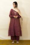 Buy_Mithi Supari_Wine Tissue, Cotton Sequins, Mirrors, Embroidery V-neck Bedina Kurta Set _at_Aza_Fashions