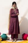 Buy_Mithi Supari_Wine Tissue, Cotton Sequins, Mirrors, Embroidery V-neck Bedina Kurta Set _Online_at_Aza_Fashions